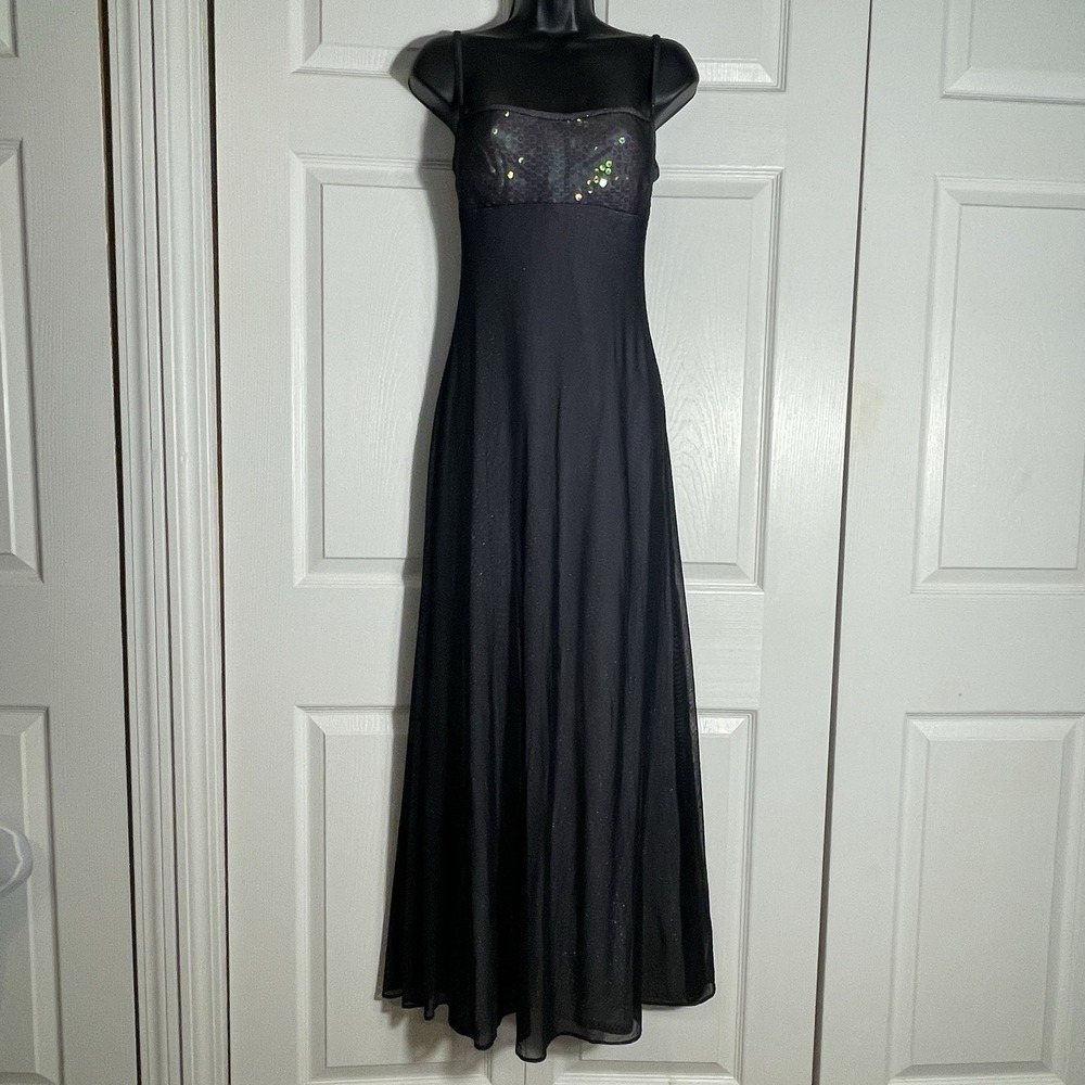 Vintage Cache 90s Chiffon Overlay Gown Junior 5 Black Sequin Empire Waist Prom